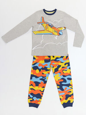 Uçak Erkek Çocuk Gri T-shirt Kamuflaj Pantolon Takım