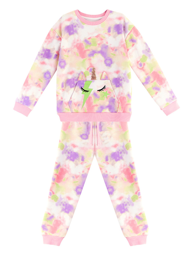 Unicorn Batik Desenli Kanguru Cepli Kız Çocuk Eşofman Takım - 8