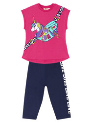 Unicorn Çantalı Kız Çocuk T-shirt Takım - Thumbnail