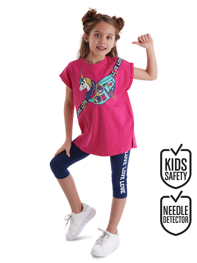 Unicorn Çantalı Kız Çocuk T-shirt Takım - 1