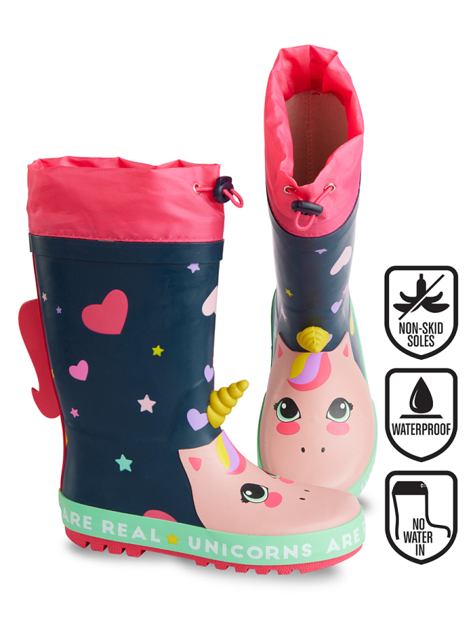 Unicorn Girl Navy Blue Rain Boots - 1