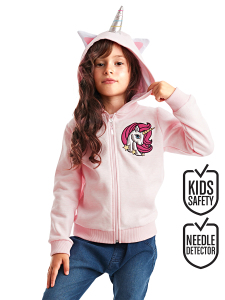 Unicorn Kapüşonlu Pembe Kız Çocuk Hırka - 1