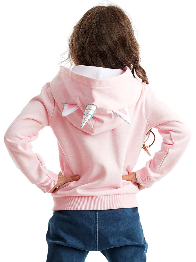 Unicorn Kapüşonlu Pembe Kız Çocuk Hırka - 2