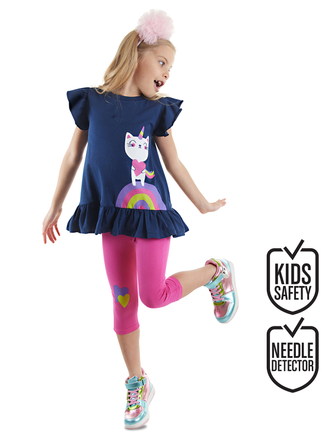 Lacivert Pembe Unicorn Kedi Fırfırlı Kız Çocuk Yazlık T-shirt Tayt Takım - 1