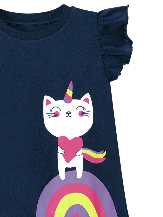 Lacivert Pembe Unicorn Kedi Fırfırlı Kız Çocuk Yazlık T-shirt Tayt Takım - 10