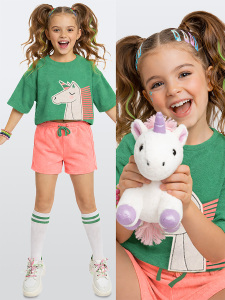 Kız Çocuk Takım Unicorn Havlu Kumaş Crop Top Üst Ve Şort Takım Yazlık 4-10 Yaş - Denokids