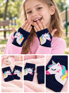Kız Çocuk Unicorn Desenli Pamuklu Lacivert Parmaksız Eldiven Standart Beden - Denokids