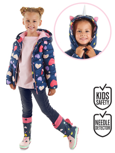 Unicorn Kız Çocuk Su İtici Kapüşonlu Lacivert Mont - Denokids