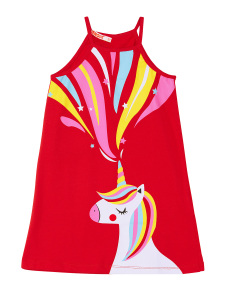 Unicorn Love Kız Çocuk Askılı Kırmızı Yazlık Elbise - 3