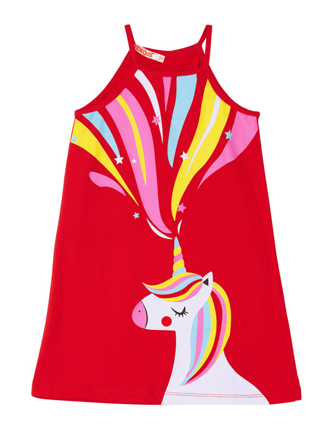 Unicorn Love Kız Çocuk Askılı Kırmızı Yazlık Elbise - 3