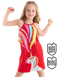 Unicorn Love Kız Çocuk Askılı Kırmızı Yazlık Elbise - Denokids