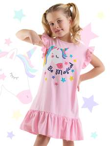 Unicorn Magic Kız Çocuk Pembe Fırfırlı Yazlık Elbise - Denokids