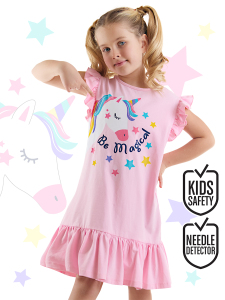 Unicorn Magic Kız Çocuk Pembe Fırfırlı Yazlık Elbise - Denokids