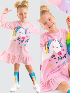 Unicorn Magic Kız Çocuk Pembe Uzun Kollu Fırfırlı Elbise - Denokids