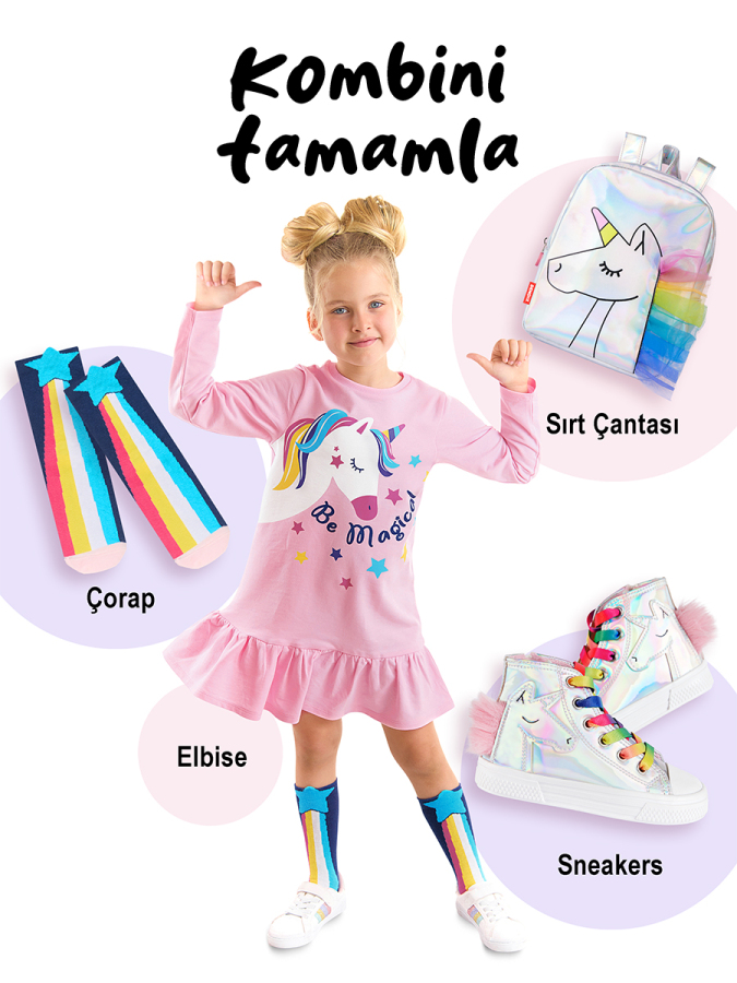 Unicorn Magic Kız Çocuk Pembe Uzun Kollu Fırfırlı Elbise - 3