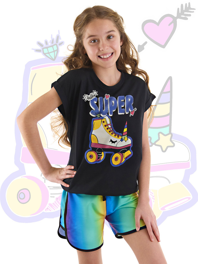 Unicorn Paten Kız Çocuk Yazlık T-shirt Şort Takım - 1