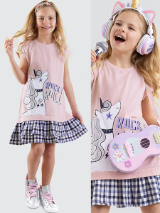Unicorn Rock Girl Pink Ruffled Dress - Denokids