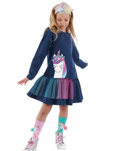 Unicorn Ruffled Girl Navy Blue Dress - 1