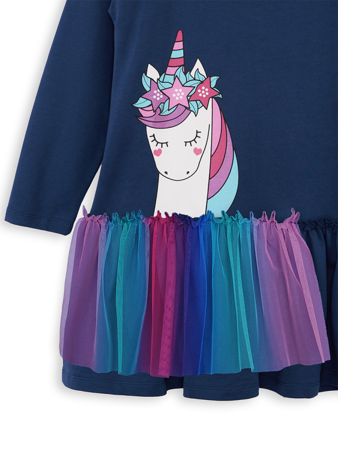 Unicorn Ruffled Girl Navy Blue Dress - 5