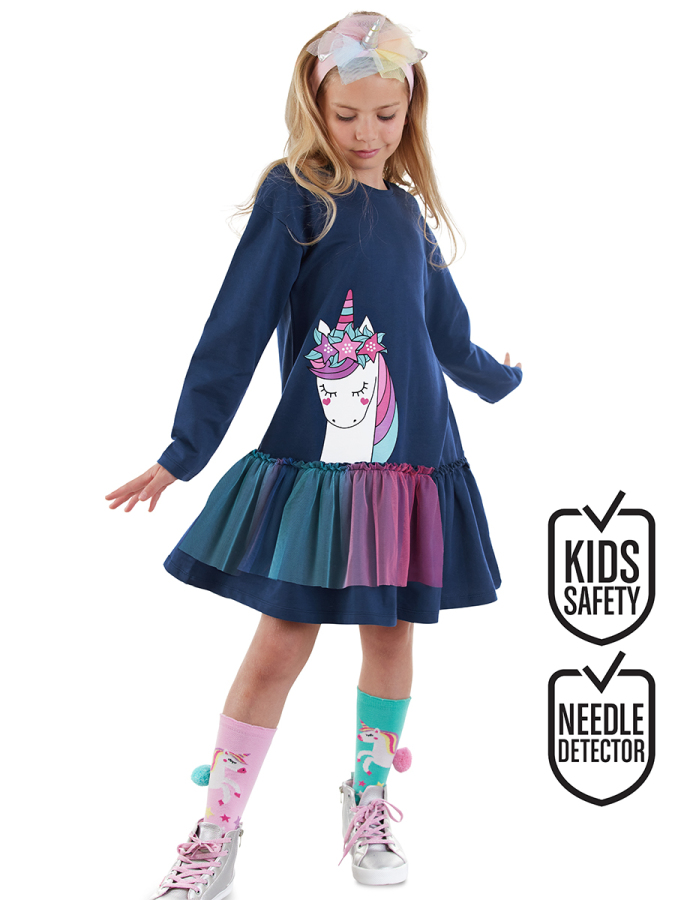 Unicorn Ruffled Girl Navy Blue Dress - 1
