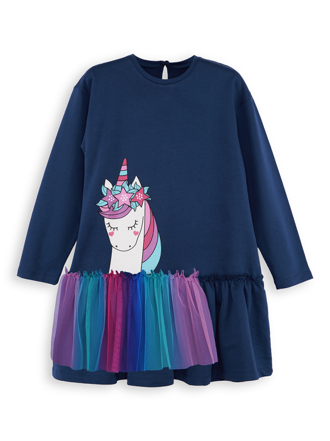 Unicorn Ruffled Girl Navy Blue Dress - 3