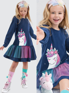 Unicorn Ruffled Girl Navy Blue Dress - Denokids