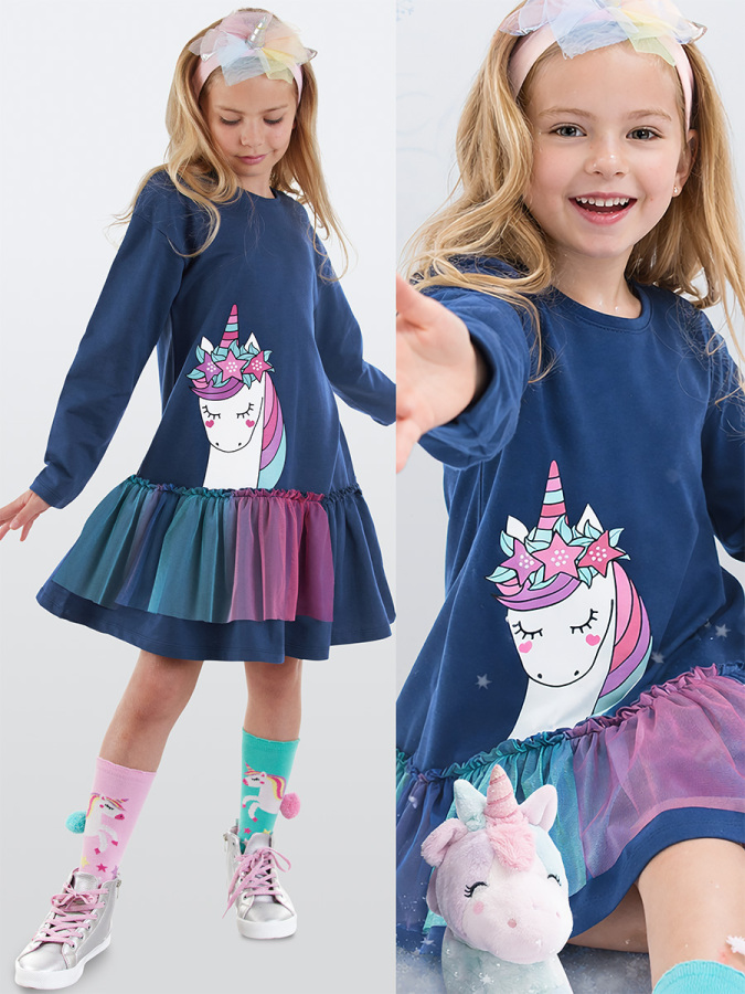 Unicorn Ruffled Girl Navy Blue Dress - 1
