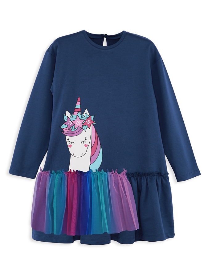Unicorn Ruffled Girl Navy Blue Dress - 4