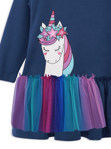 Unicorn Ruffled Girl Navy Blue Dress - 6