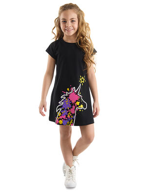 Unicorn Splash Pamuklu Kız Çocuk Siyah Elbise