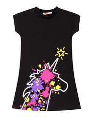 Unicorn Splash Pamuklu Kız Çocuk Siyah Elbise - Thumbnail