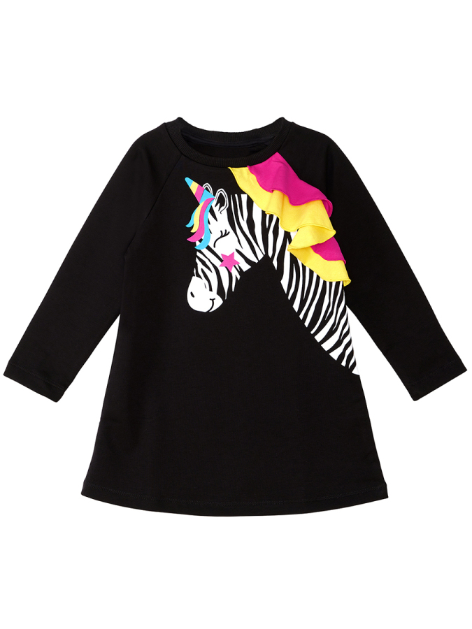 Siyah Unicorn Zebra Kız Çocuk Uzun Kollu Fırfır Detaylı Elbise - 3