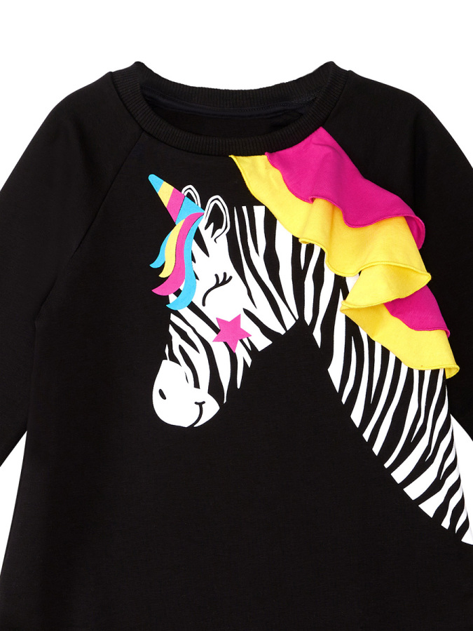 Siyah Unicorn Zebra Kız Çocuk Uzun Kollu Fırfır Detaylı Elbise - 5