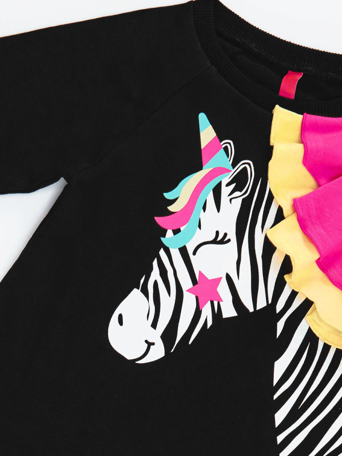 Siyah Unicorn Zebra Kız Çocuk Uzun Kollu Fırfır Detaylı Elbise - 6