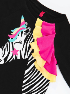 Siyah Unicorn Zebra Kız Çocuk Uzun Kollu Fırfır Detaylı Elbise - 7
