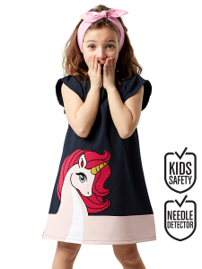 Unique Unicorn Kız Çocuk Fırfırlı Lacivert Yazlık Elbise - Denokids
