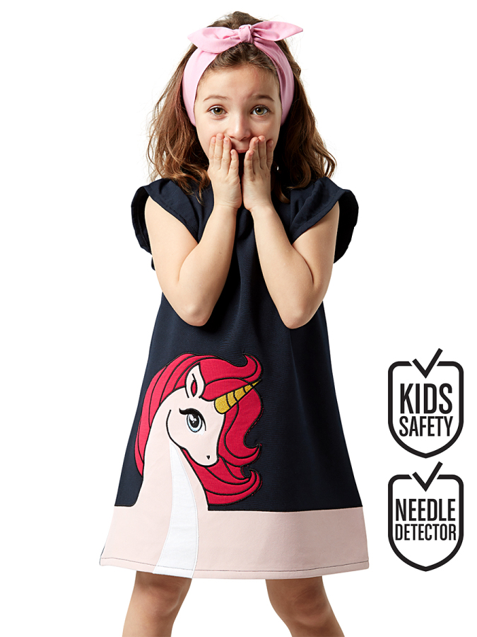 Unique Unicorn Kız Çocuk Fırfırlı Lacivert Yazlık Elbise - 1