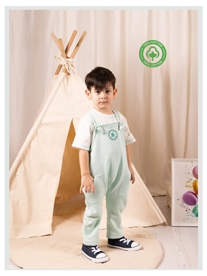 Unisex Bebek Salopet Tulum ve Tişört Takım - Mint - 1