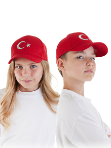 Unisex Çocuk Ay Yıldız Bayrak Kırmızı Şapka - Denokids