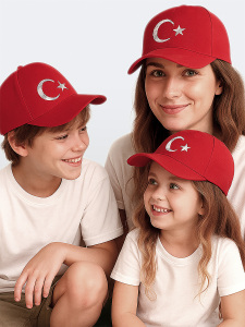 Unisex Çocuk Ay Yıldız Bayrak Kırmızı Şapka - Denokids