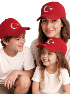 Unisex Çocuk Ay Yıldız Bayrak Kırmızı Şapka - Denokids