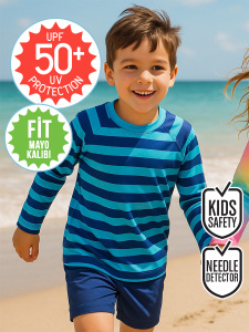 UV Korumalı Çizgili Erkek Çocuk Mayo T-shirt - Denokids