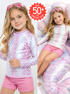 UV Korumalı Kız Çocuk Mayo T-shirt UVP+50 Faktör Koruma Uzun Kollu Denizkızı - Denokids