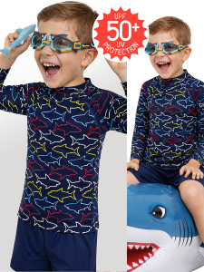 UV Korumalı Erkek Çocuk Mayo T-shirt UVP+50 Faktör Koruma Uzun Kollu Köpekbalığı - Denokids