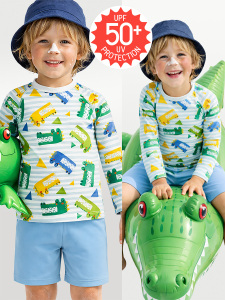 UV Korumalı Erkek Çocuk Mayo T-shirt UVP+50 Faktör Koruma Uzun Kollu Timsah - Denokids