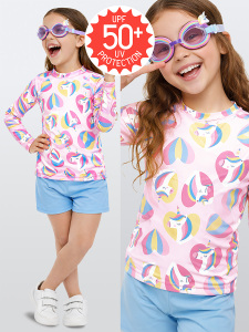 UV Korumalı Kız Çocuk Mayo T-shirt UVP+50 Faktör Koruma Uzun Kollu Unicorn - Denokids