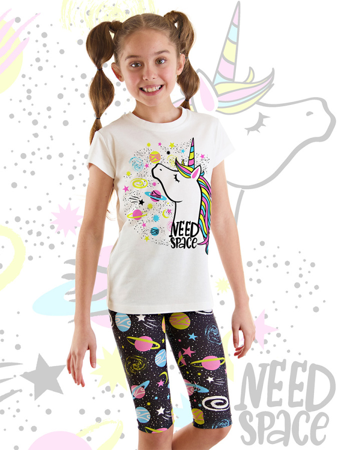 Uzayda Unicorn Kız Çocuk Yazlık T-Shirt Tayt Takım - 1