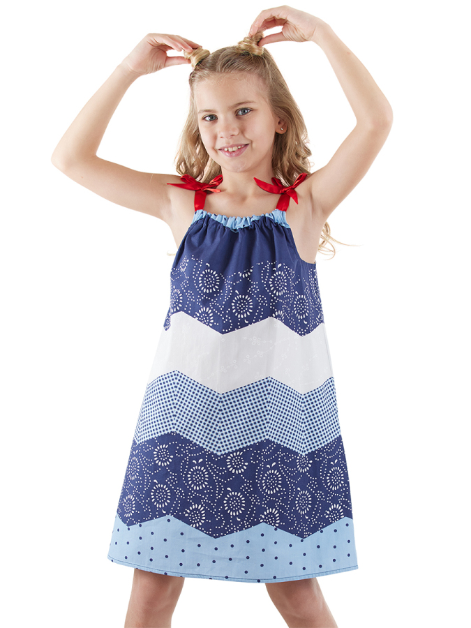 Wavy Navy Blue Poplin Girl Dress - 1