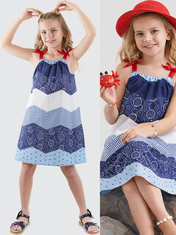 Wavy Navy Blue Poplin Girl Dress - 1