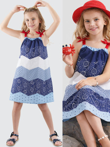 Wavy Navy Blue Poplin Girl Dress - Denokids
